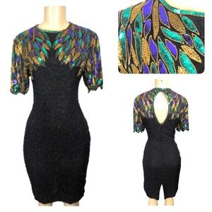 Vintage Laurence Kazar Black sequin and beaded midi silk leaf print  dress